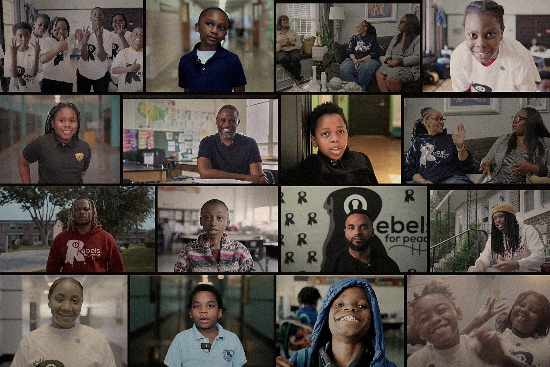 Collage of documentary stills — mini rebels, educators, and community members